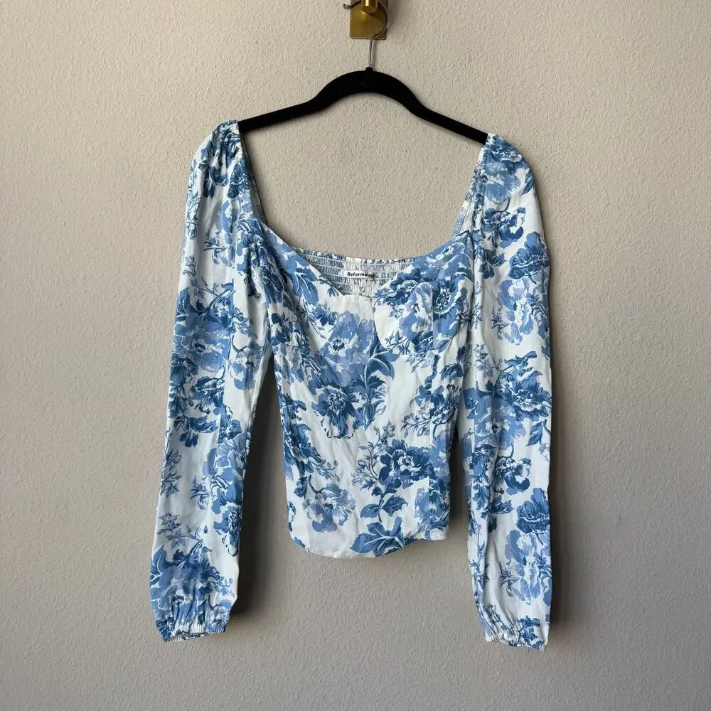 Reformation Reign Olympia Blue White Floral Long Sleeve Top Size 6